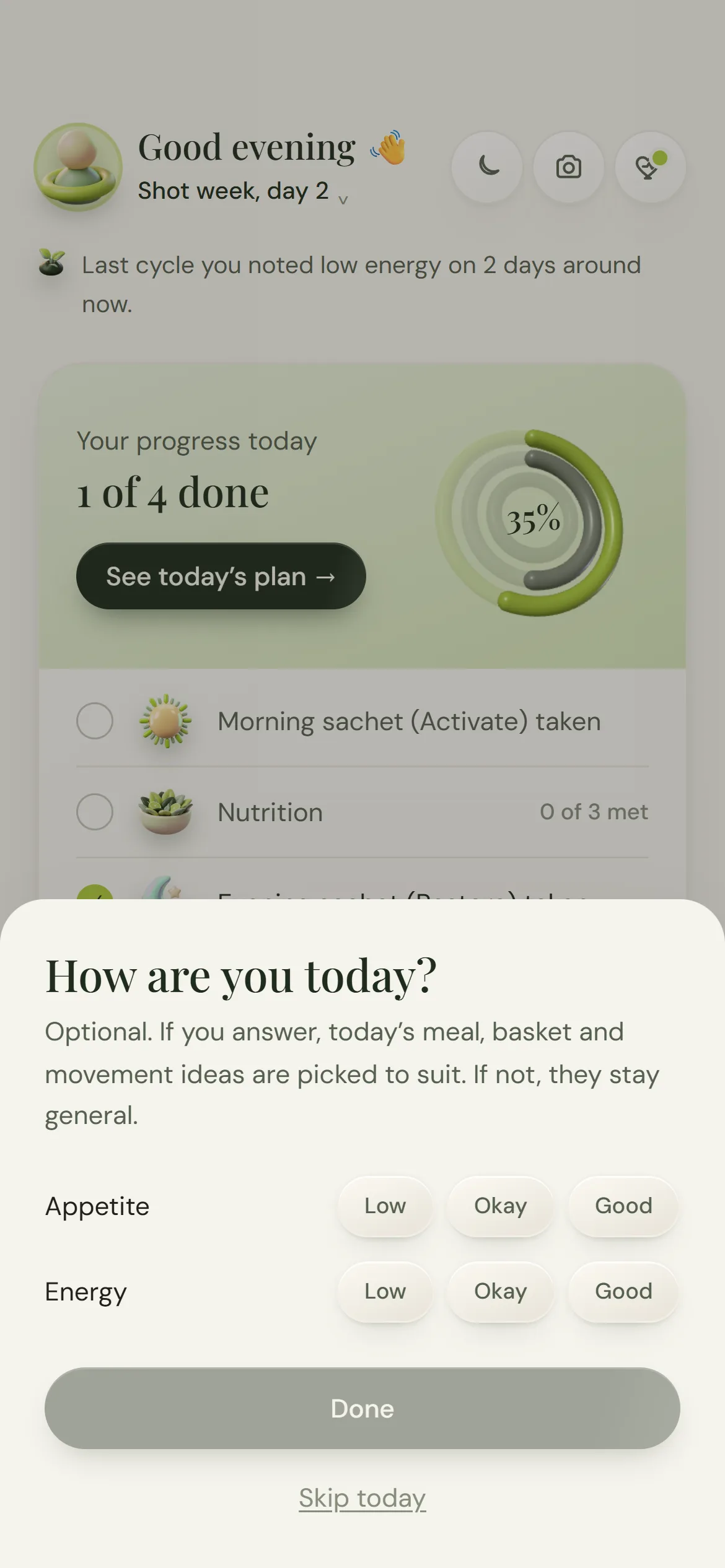 The evening check-in with tiles for how you're feeling