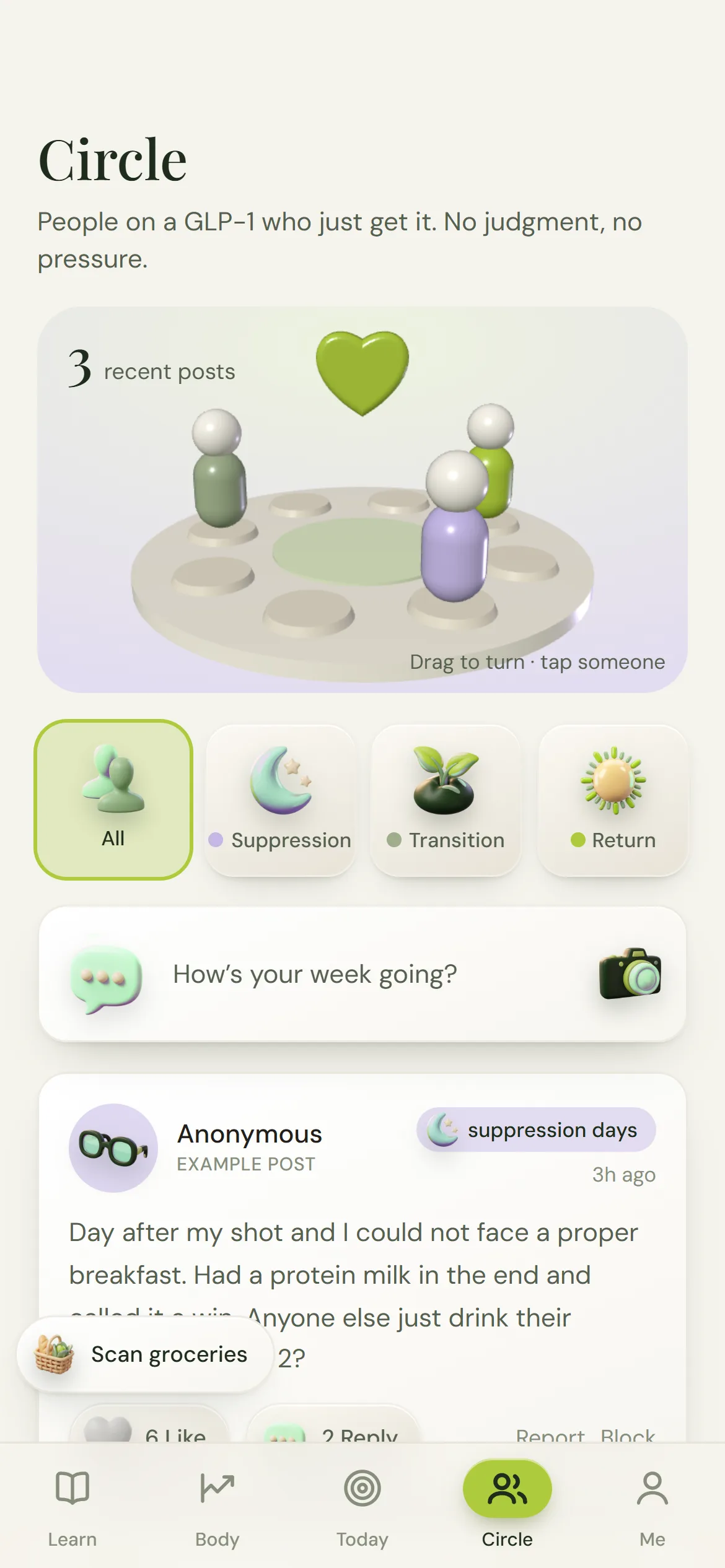 Circle community: a 3D circle of figures above a feed of posts