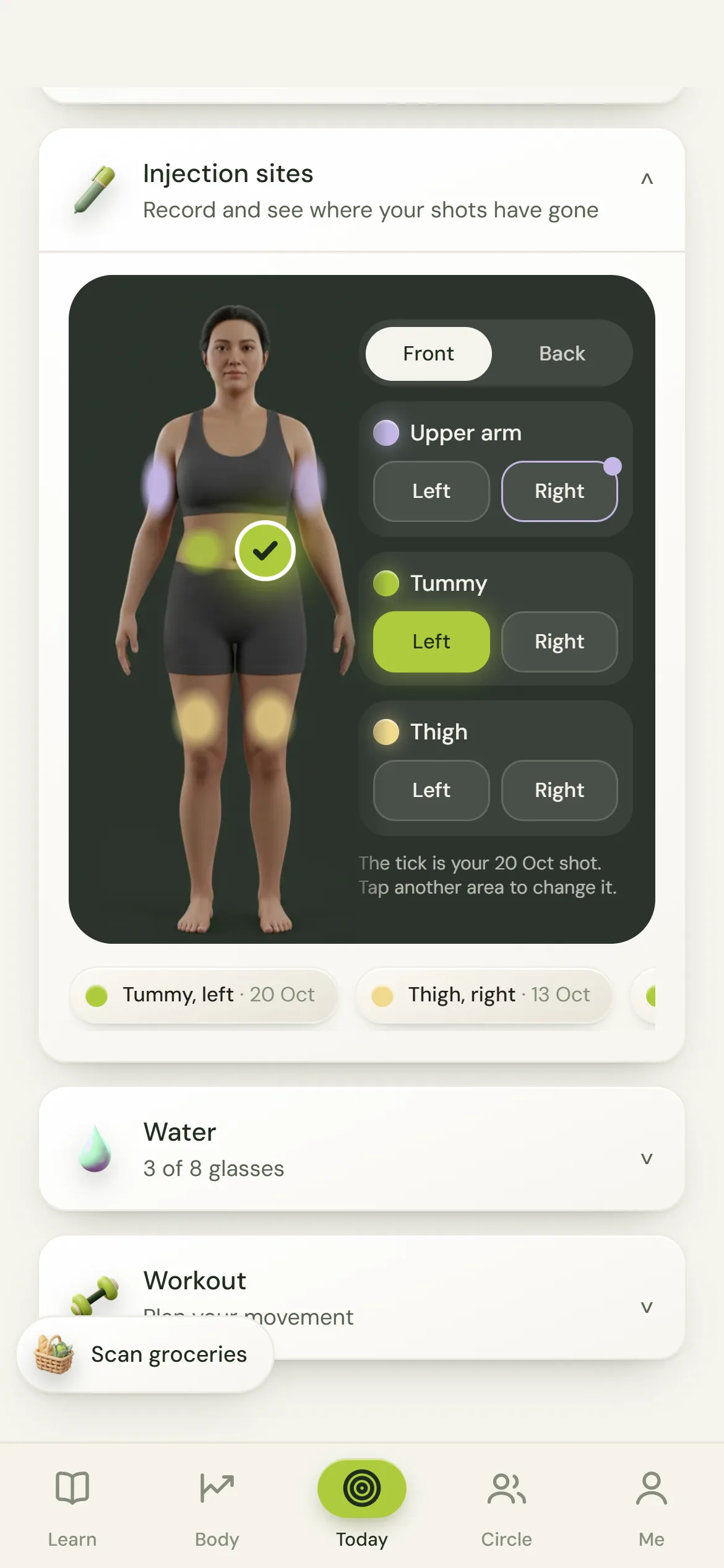 A front and back body figure with coloured areas for upper arm, tummy and thigh
