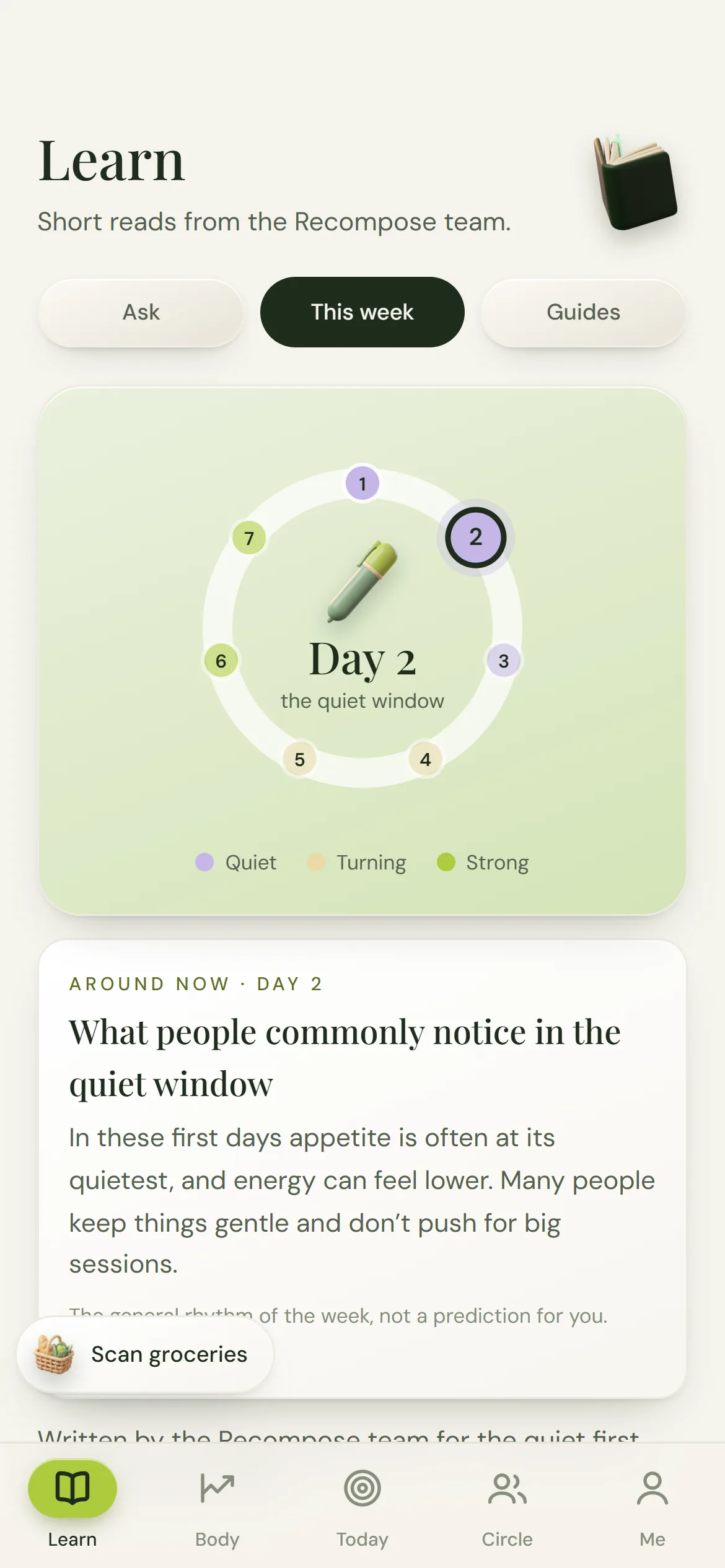 Learn tab with a guide for the current part of the week