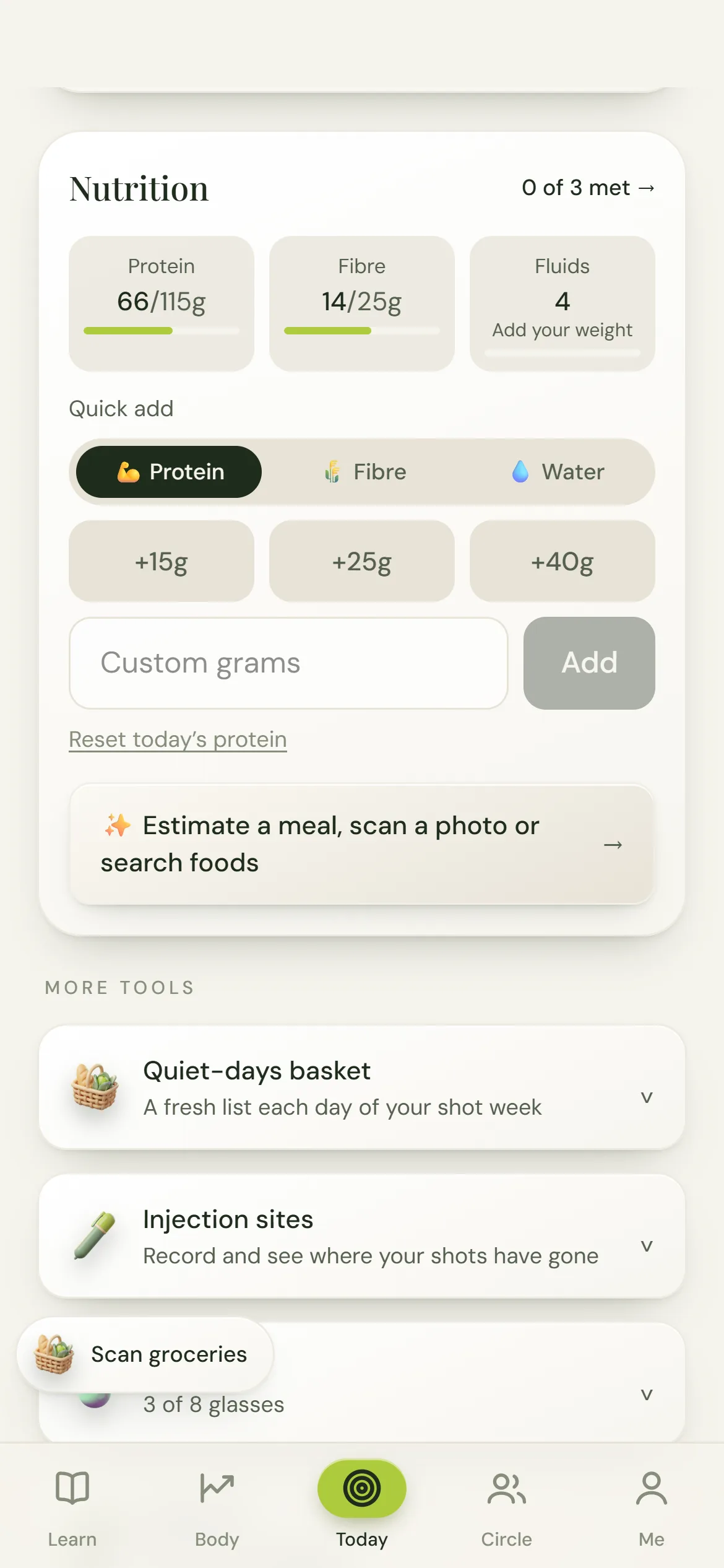 Nutrition card with protein, fibre and fluids, and Quick add tabs for protein, fibre and water