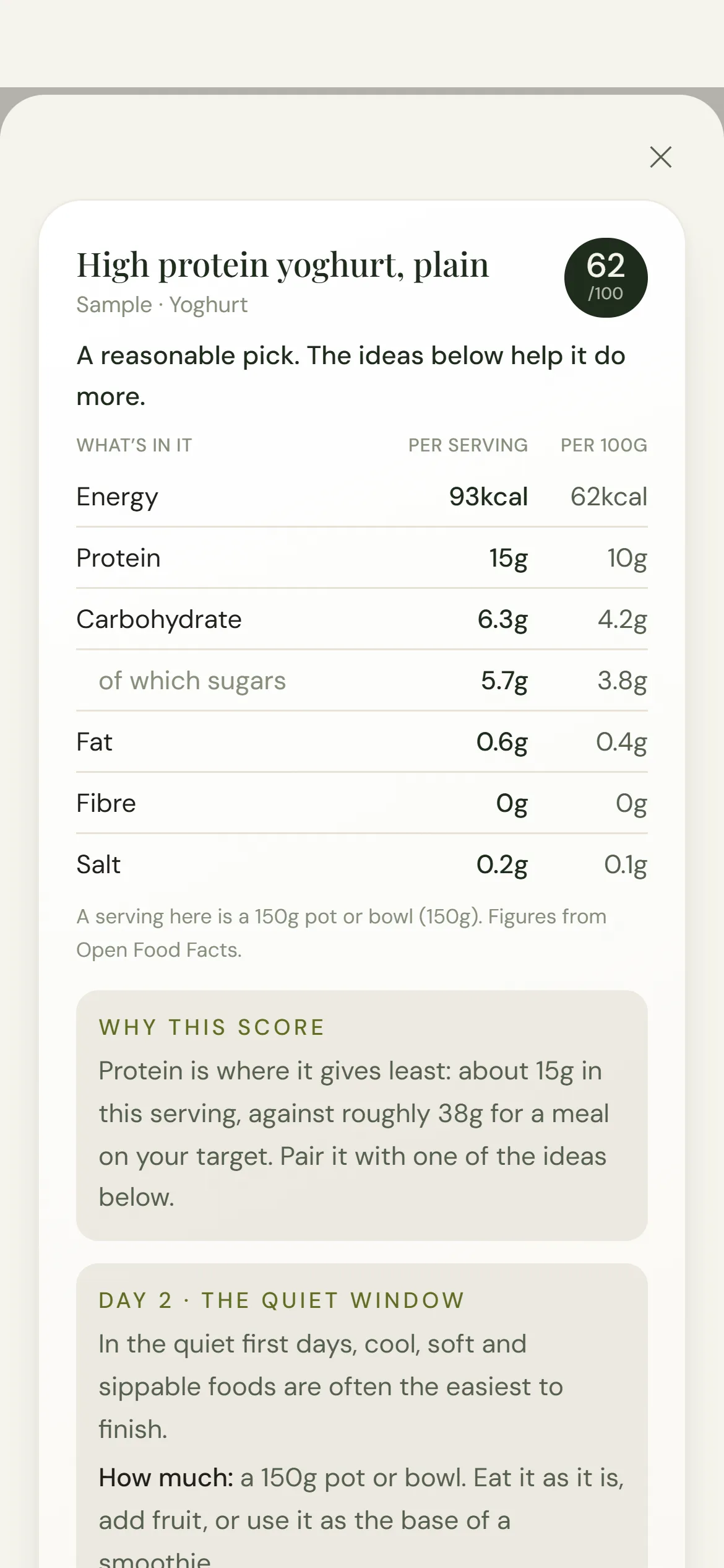A scanned yoghurt with its score, nutrition per serving and why