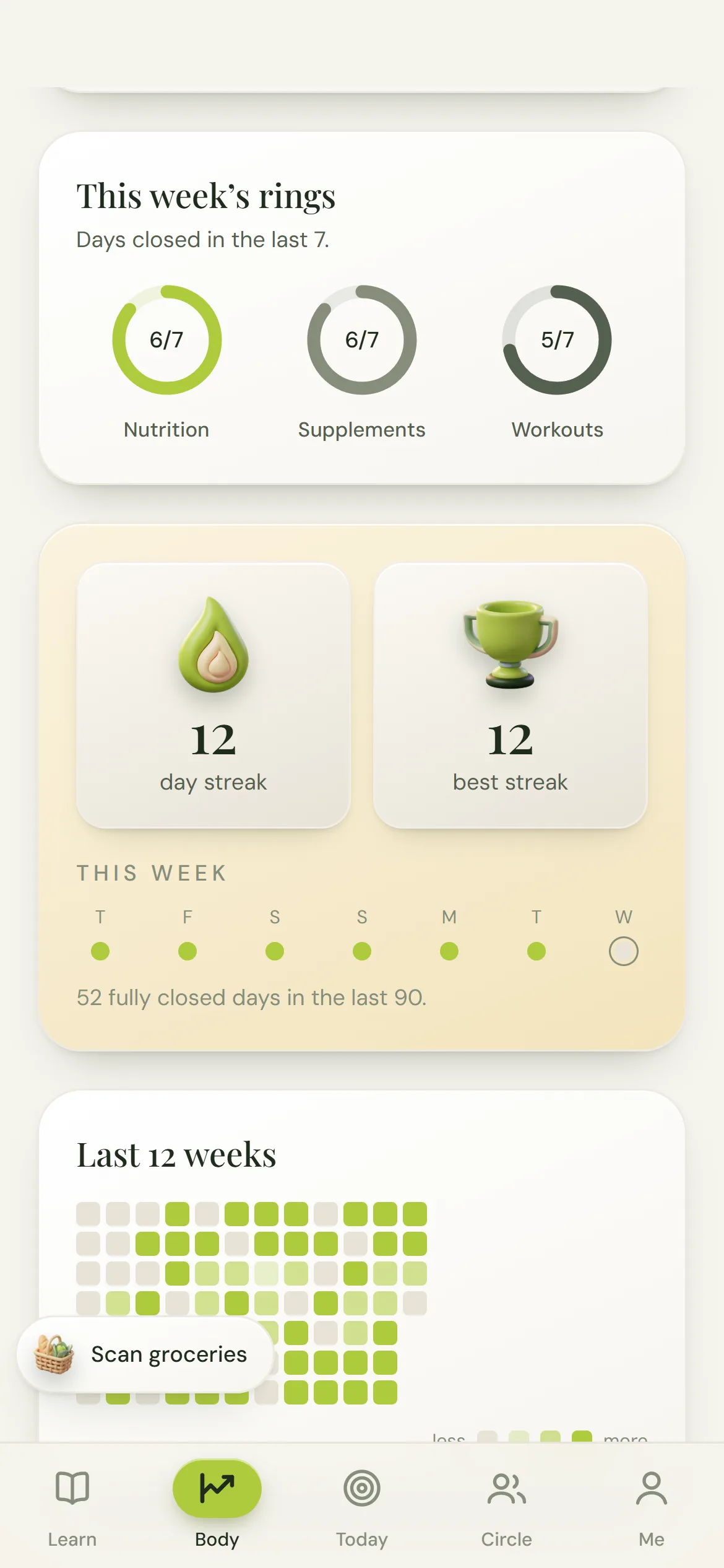 Weekly rings, a 12 day streak and a 12-week heatmap