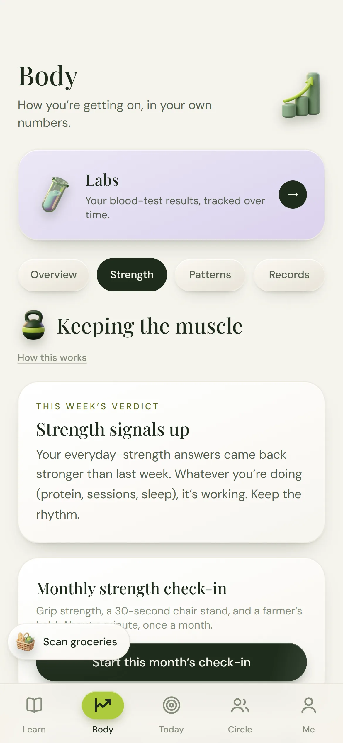 Strength view with this week's verdict and the monthly check-in
